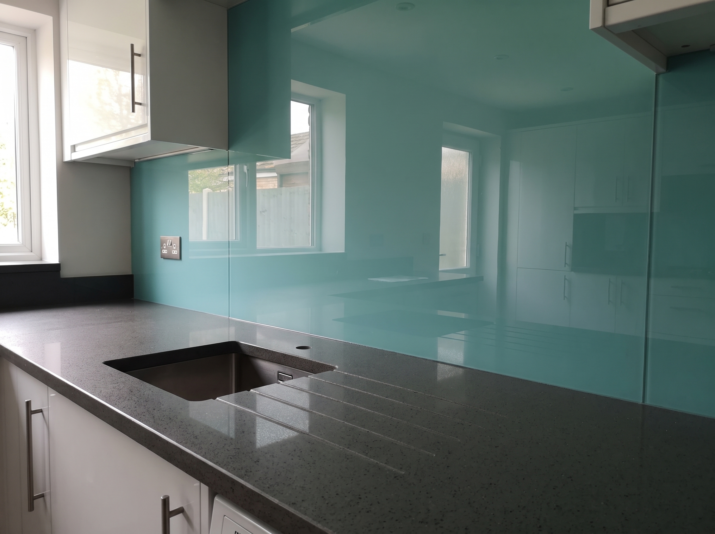 Teal back-painted glass splashback fitted over a dark composite worktop