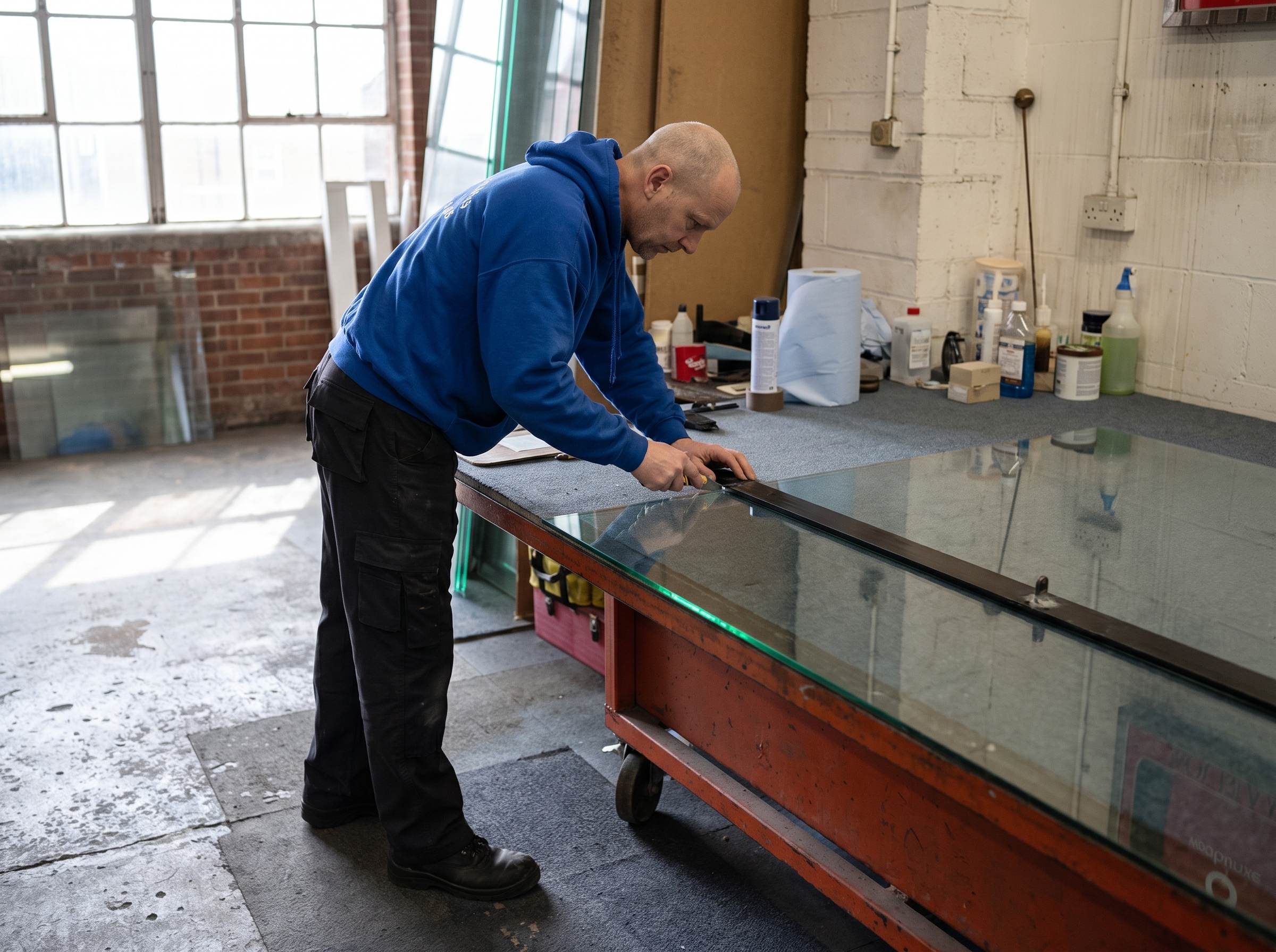 Glazier scoring a glass sheet on the cutting table in the workshop